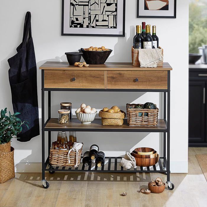 SoBuy Desserte de Cuisine Industrielle sur Roulettes avec 2 Tiroirs et 2 Étagères Grand Rangement Mobile 100x45x93 cm FKW112-PF