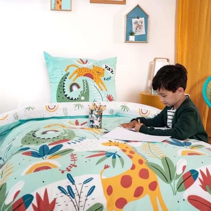 Parure de lit Enfant reversible Verte Jungle Housse de Couette 140x200cm 1 taie d oreiller 63x63cm 100 Coton S357 Cdiscount Maison