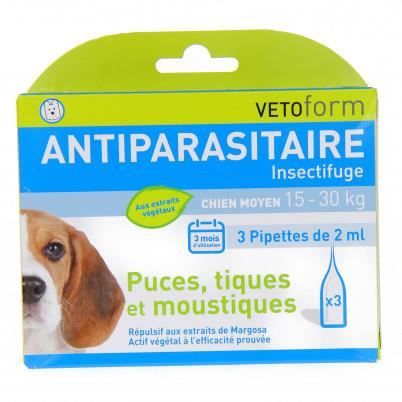 Comparer les prix de Vetoform Antiparasitaire Chien Moyen 15-30kg 3 pipettes