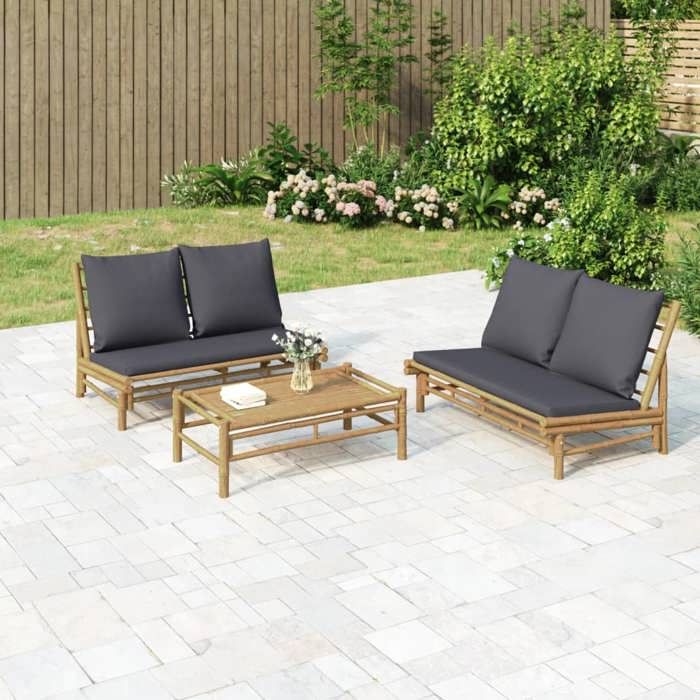 vidaXL Salon de jardin 2 pcs avec coussins gris foncé bambou ensemble de salon de jardin salons de patio siège de jardin 363458