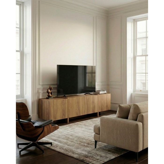 GENERIQUE Meuble TV VOLIA Japandi ch&ecirc;ne fonc&eacute; m&eacute;lamin&eacute; 4 portes 180 cm