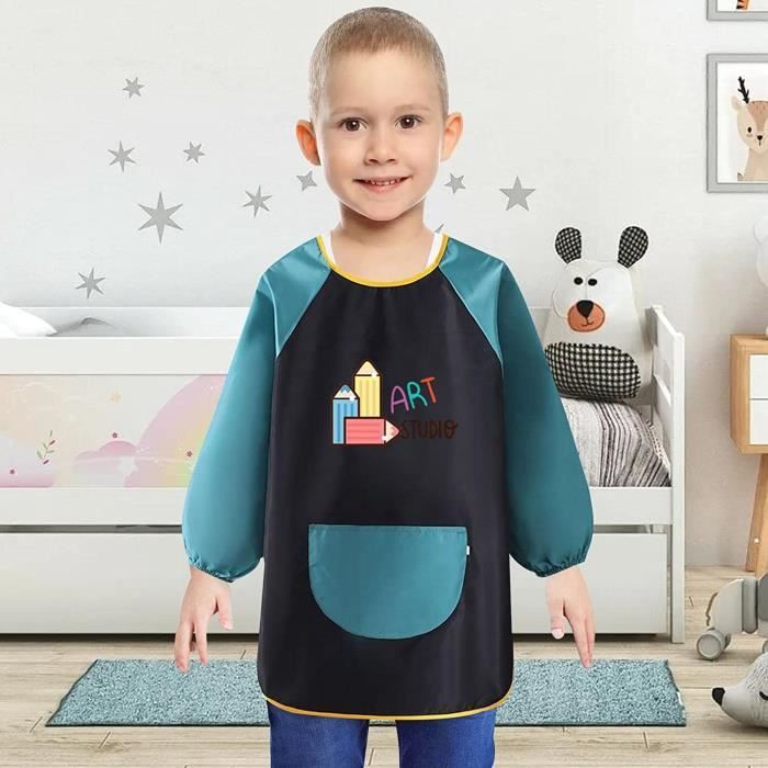 WULIQIUQIU Tablier imperméable à manches longues avec poche pour enfants, bleu, Fit Height 85-115CM