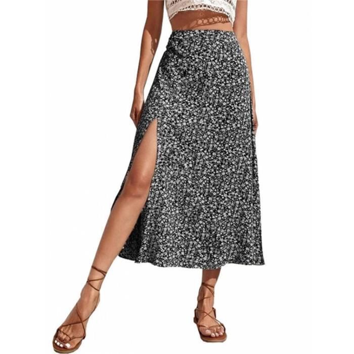 Femme Jupe Fendue Fleurie A Imprime Floral Jupe Longue Boho Taille Haute Elastique Casual pour Printemps Et Ete JUPE Noir Cdiscount Pret a Porter