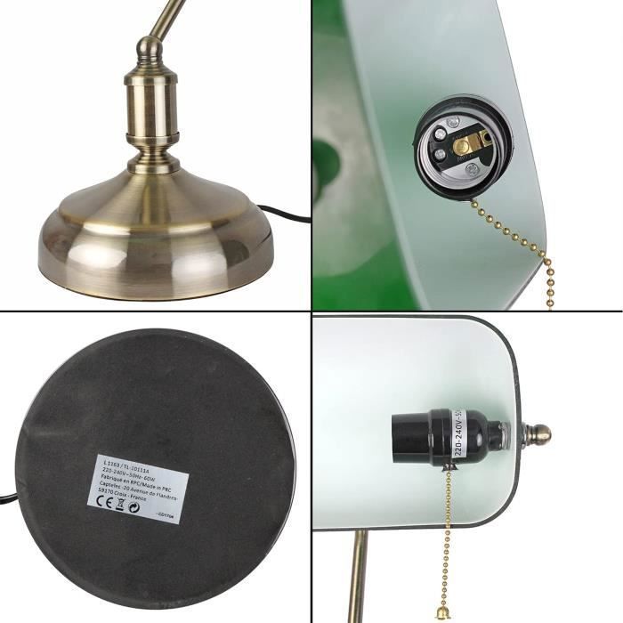 Lampe De Bureau Vintage Italienne - Laiton, Bois, Verre Opalin Vert (E27, 230V)