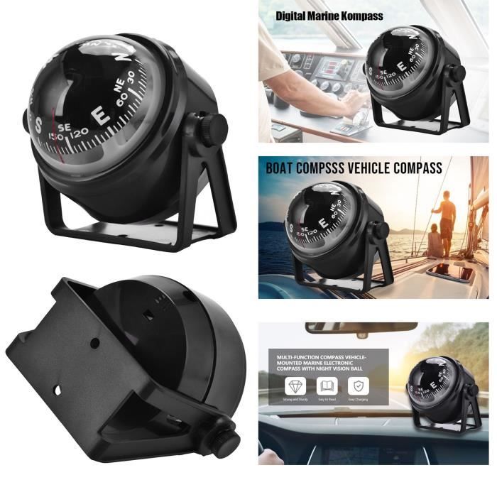 Boussole de vision nocturne à boule marine militaire réglable électronique noire pour outil de navigation professionnel de véhicule de bateau avec support de montage Matière