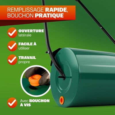 Rouleau à Gazon 60L 40x50cm En Fer - Remplissable Eau/Sable Avec Poignée U Et Déflecteur