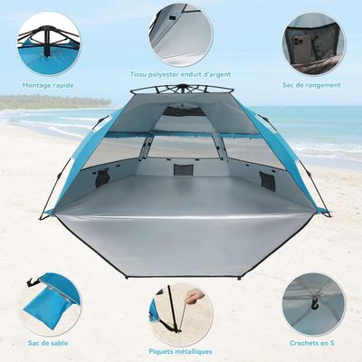 Tente De Plage Pop-up – Anti-UV UPF 50+, Pour 1-3 Personnes, Bleue, Avec Piquets Et Sac De Transport