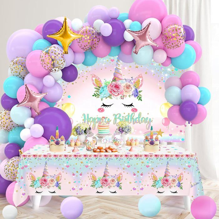 HLEIUKT Assiettes Anniversaire Licorne, 3 Ans Kit Deco Anniversaire Fille, Licorne Decoration Avec Ballon pour 3 Ans Fille Enfants 16 Invités