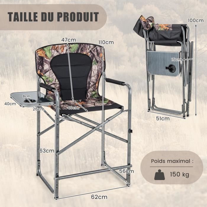 Chaise De Camping Pliante Avec Table Latérale Amovible Charge 150KG Chaise De Peche Avec Porte Gobelet Pour Chasse Randonnee Maison Chic 85131579