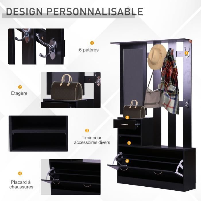 HOMCOM Ensemble de meubles d'entrée design contemporain : meuble  chaussures, miroir et panneau porte-manteau panneaux de particules noir pas  cher 