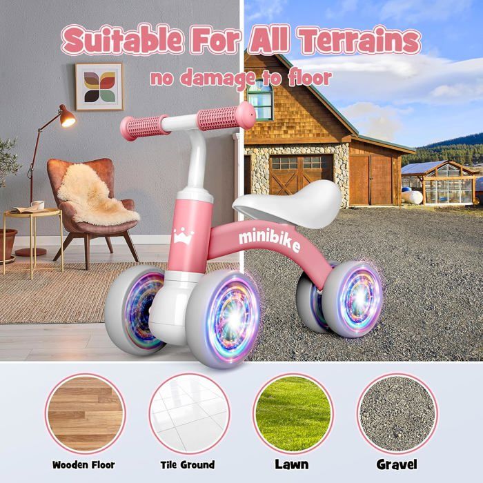 Draisienne Bébé 1-2 Ans – 4 Roues Éclairées, Sécurité 135°, Sans Pédales – Cadeau Anniversaire, Noël, 12-36 Mois