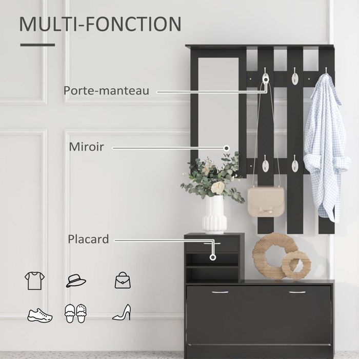Ensemble Meuble Entrée 3 Pièces HOMCOM - Meuble Chaussures, Miroir Et Porte-Manteaux - Chêne Clair