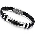 HUEIHWOH Bracelet - Acier inoxydable - Cordon en cuir - 20 cm - 10 mm - Noir et gris