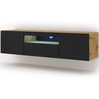 Meuble TV bas universel Aura 150 cm Buffet HI-FI à suspendre ou à poser chêne artisan noir mat avec LED