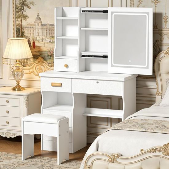 Coiffeuse Shabby Chic Blanche Avec Miroir, Tabouret Et 4 Tiroirs - Palazzo INT - Meuble Boudoir