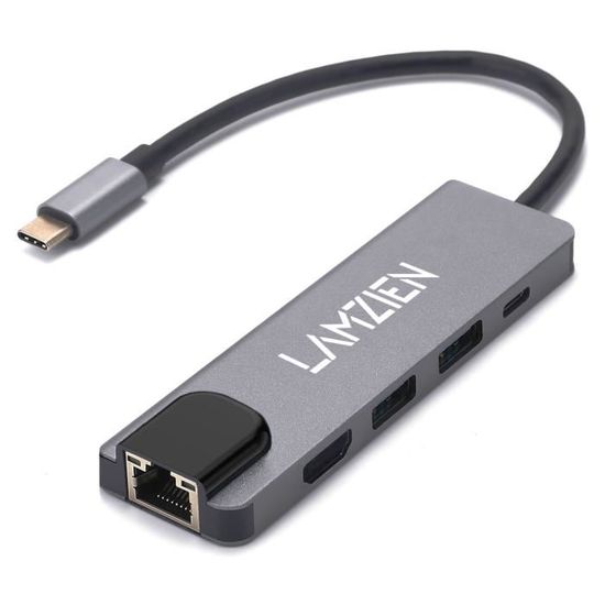 LAMZIEN Hub USB C 5 en 1 Adaptateur TypeC Hub pour MacBook Notebook Laptop (1*HDMI, 1*USB-C PD, 1*Ethernet RJ45, 2* USB 3.0 Ports)