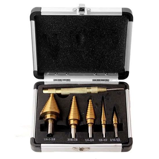 Kit 6 Forets Étagés Métal HSS - 5 Forets Coniques + 1 Poinçon - Pour Métal/Bois/Plastique