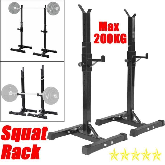 Cage de Squat Support de Squat Réglable Squat Rack Avec Barre de Support pour Haltères-Charge Max.200kg-15 niveaux de réglages