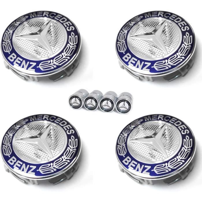 Lot de 4 cache-moyeux, avec logo Mercedes Benz de 75 mm orné de feuilles de laurier