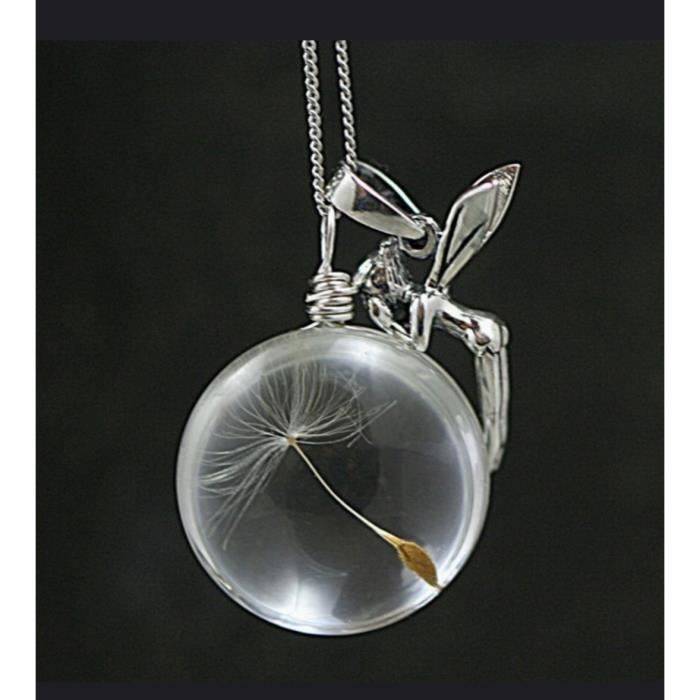 COLLIER FEE SUR BOULE DE VERRE ET PISSENLIT, COLLIER PISSENLIT, STATUETTE FEE