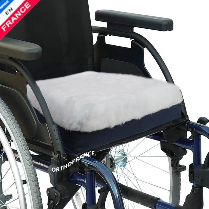 Coussin fauteuil roulant vhp en mousse à mémoire de forme Housse 100% coton bleu et fourrure blanche Orthofrance ®.