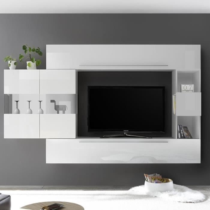 Ensemble meuble TV design blanc laqué ALCAMO Blanc L 270 x P 35 x H 200 cm