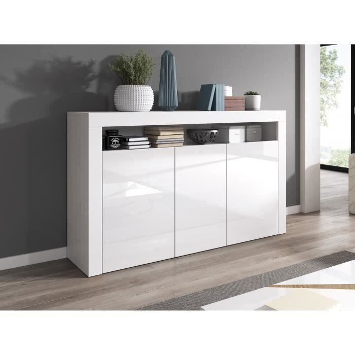 Dripex Buffet bas contemporain blanc laqué brillant 130 cm x 40 cm x 88 cm