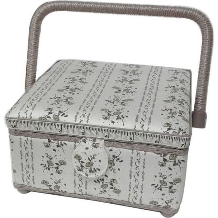 Boite à Couture avec casier de rangement Motif Petites Fleurs Fond Crème 20 x 20 cm