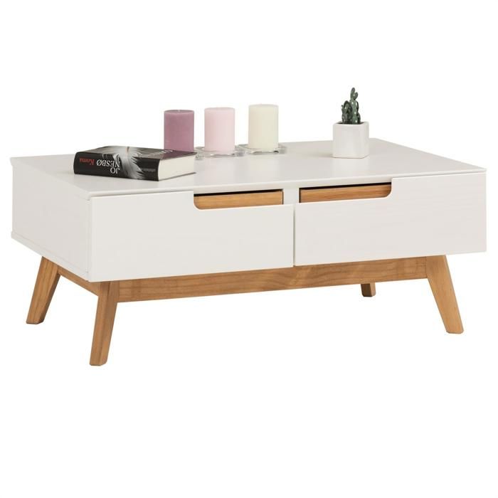 Table basse TIBOR style scandinave design vintage nordique table de salon rectangulaire 2 tiroirs 2 niches pin massif lasuré blanc