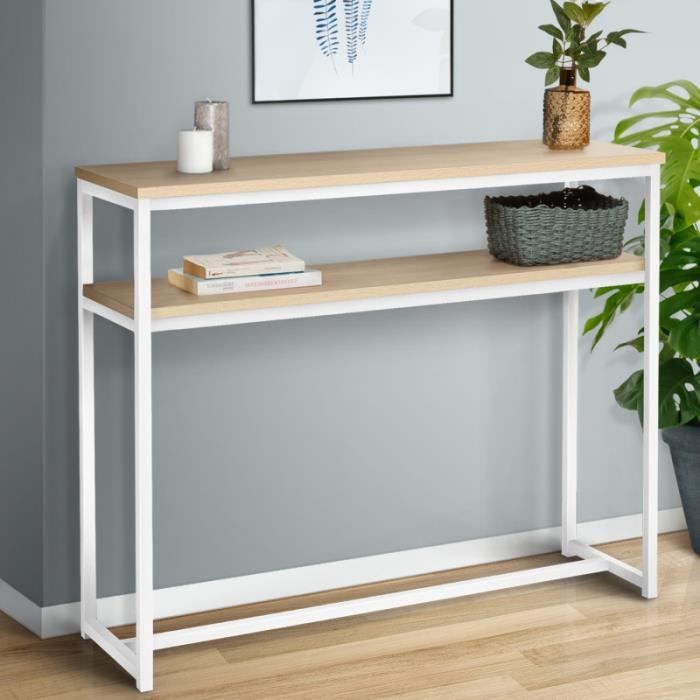 IDMARKET Console double DETROIT design industriel bois et métal blanc