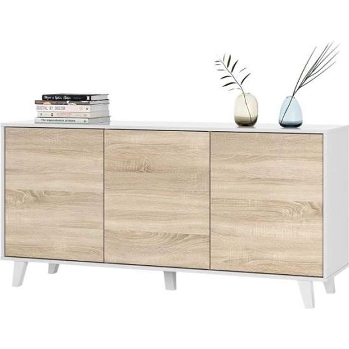 ZAIKI - Buffet/Commode Contemporain Blanc et Decor Chene Style scandinave
