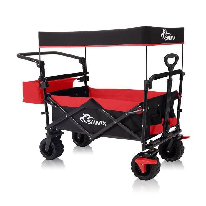 SAMAX Chariot de Jardin Pliable avec Toit Amovible Chariot de Transport à Main - Frein et Sac arrière - Pliante Offroad Noir-Rouge