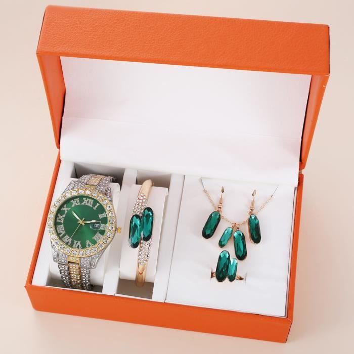 Coffret montre femme + bracelet + collier + des boucles d'oreilles + bague – diamant gemme vert mode tempérament bijoux femme