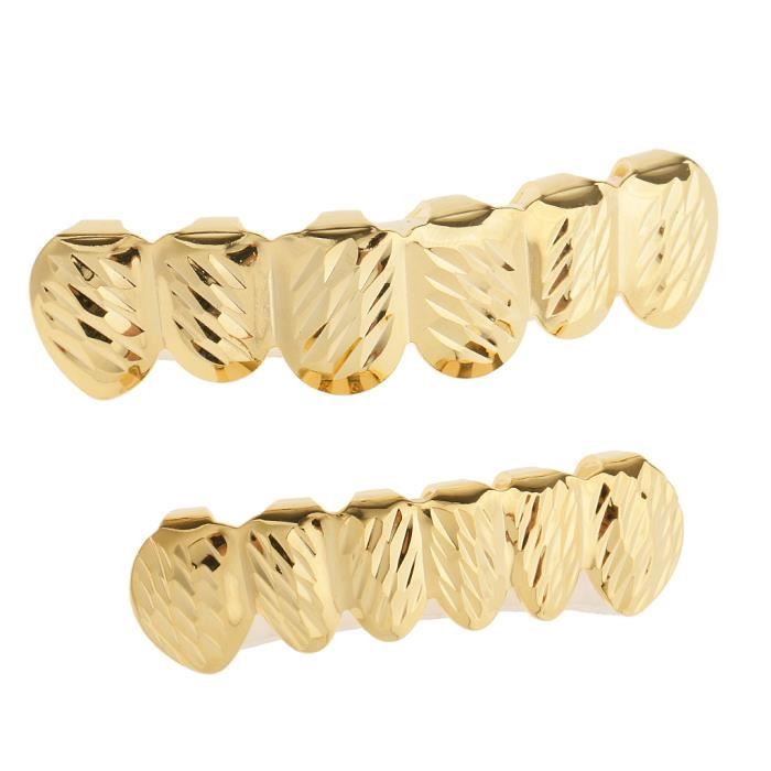 18k Plaqué Or Hip Hop Dentier Oblique Texture Grillz Set Unisexe