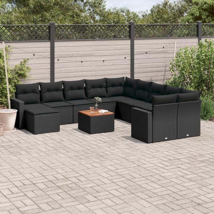 vidaXL Salon de jardin 12 pcs avec coussins noir résine tressée 3224417
