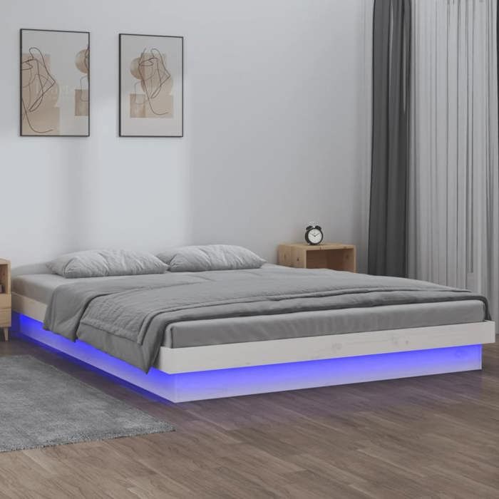 CHIC Lit Double 2 Personnes Cadre de lit à LED blanc 140x190 cm bois massif Design46232