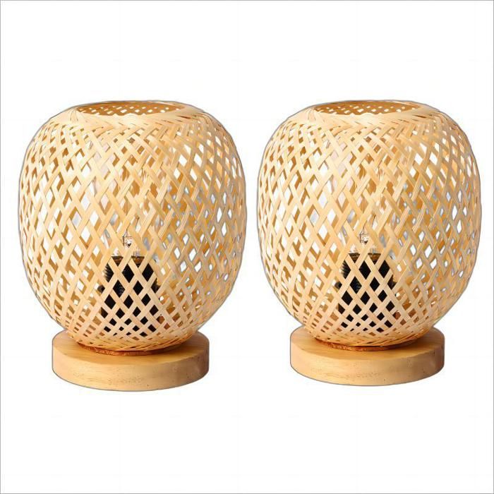 WOTTES Bambou Tressé Lampe De Chevet 2PCS BohèMe Lampe De Bureau Base En Bois Faite à La Main Créative Lampe de table15*20.5CM