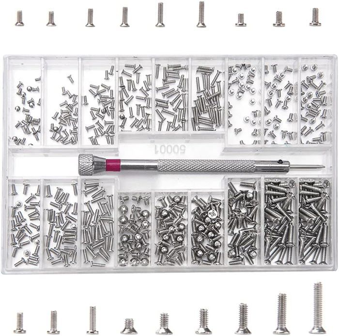 500pcs Kit de Vis de Réparation Minuscule Micro M1.2 M1.4 M2 Assortiment de Petites Vis en Acier Inoxydable avec Tournevis Argent 500pcs Kit de Vis de Réparation Minuscule Micro M1.2 M1.4 M2 Assortiment de Petites Vis en Acier Inoxydable avec Tournevis Argent