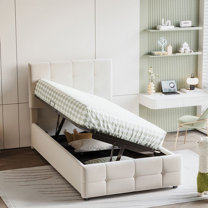 Lit Coffre 90x200cm Avec Rangement Hydraulique - Tête De Lit Rembourrée Velours, Lattes Bois, Sans Matelas - Beige, Pour Enfant/ado
