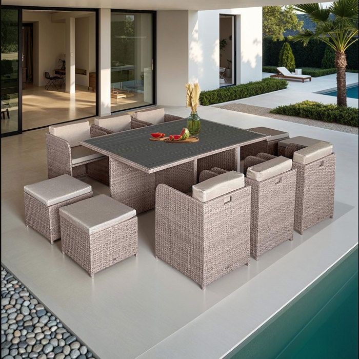 Table et fauteuils de jardin encastrables en résine tressée 10 places KUBO