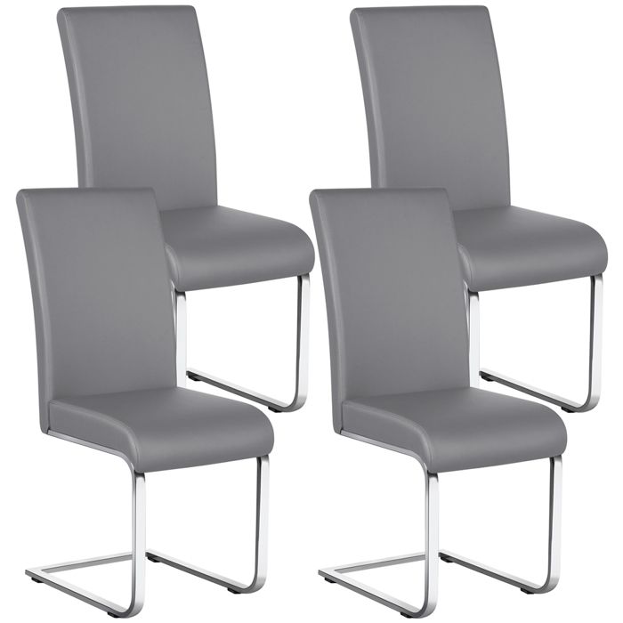 Lot de 4 Chaises de Salle à Manger en Similicuir Polyuréthane avec Pieds Métalliques en U et Haut Dossier Gris Clair YAHEETECH
