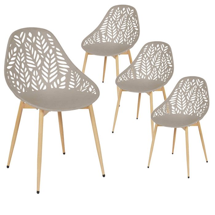 SAYA - Lot de 4 Chaises de Jardin Coque Plastique Ajourée Taupe Pieds Métal SAYA - Lot de 4 Chaises de Jardin Coque Plastique Ajourée Taupe Pieds Métal