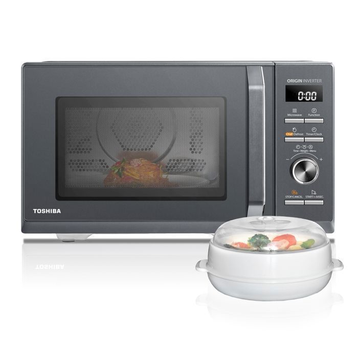 Micro-ondes combiné pose libre TOSHIBA - 900W+Grill 1000 W+Convection 2100W - Friteuse - Air Fry Combo 6-en-1 - 26L - Gris morandi