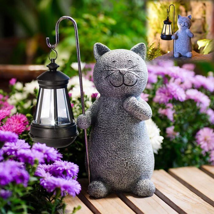 Statue animaux Chat Decoration Statue Jardin Exterieur avec Lampe Solaire-Salon Chaton Décoration Cadeau pour Femme Homme Maman