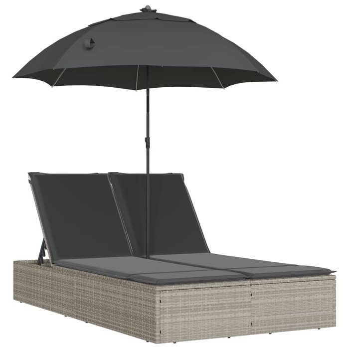 (52441)Bains de soleil/transat CHICChaise longue double avec coussins et parasol gris clair rotin FR