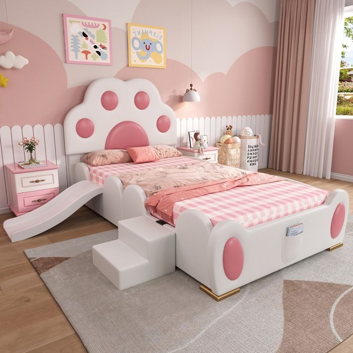 Lit rembourré enfant 90x200 cm Lit simple capitonné en PU avec tête de lit patte de chat toboggan échelle et sommiers à lattes