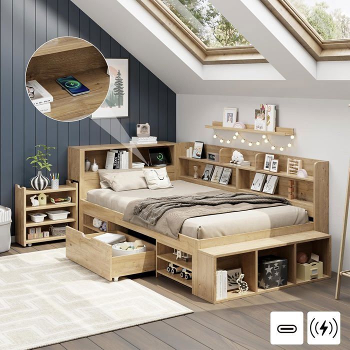 Lit Banquette Enfant 90 x 200 cm avec Rangement Chargement sans Fil et Port USB Tables de Chevet et étagères Couleur Naturel