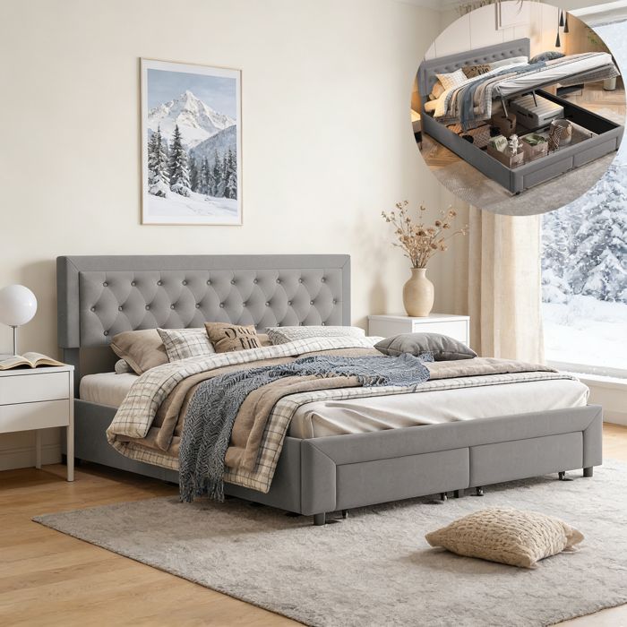 Lit 160x200 cm - COZY - Velours Gris - Lit Coffre - 2 Places - Sommier Inclus Lit 160x200 cm - COZY - Velours Gris - Lit Coffre - 2 Places - Sommier Inclus
