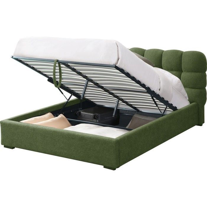 Lit coffre adulte 140x190 cm avec sommier et tête de lit capitonnée en tissu bouclé vert - Lola Lit coffre adulte 140x190 cm avec sommier et tête de lit capitonnée en tissu bouclé vert - Lola