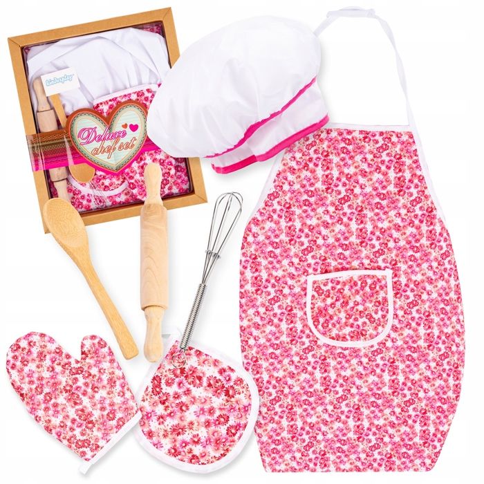 Kit Petit Chef Kinderplay - tablier toque et accessoires rose pour enfants 3-7 ans